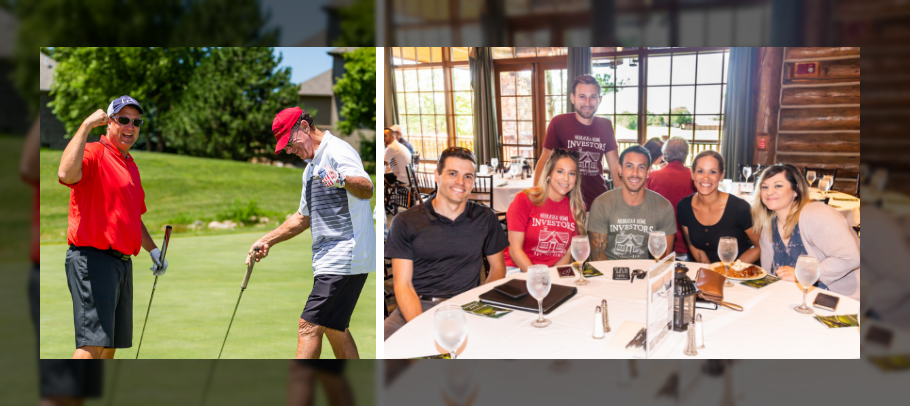 group photos from past golf event with two men on a green and 7 people at a table